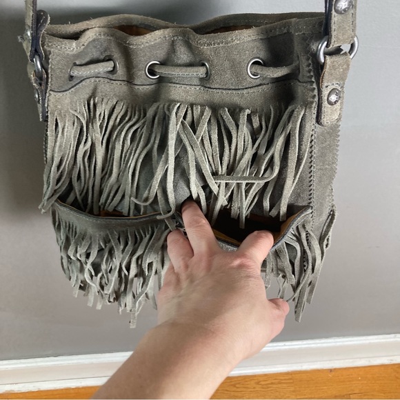 Patricia Nash Bronte Gray Suede Bohemian Drawstring Bucket Bag fringe - Picture 5 of 16